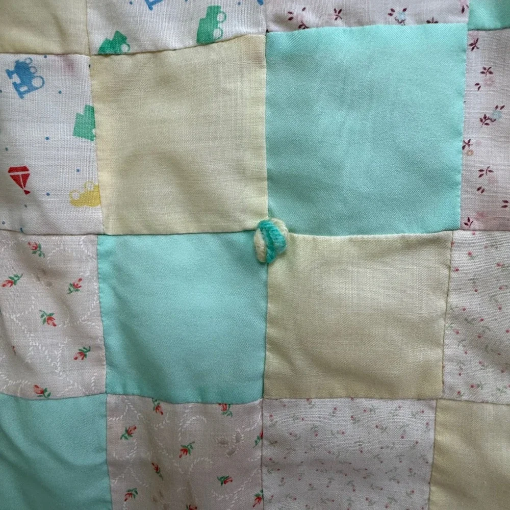 Vintage Handmade Patchwork Baby Quilt Pastel Bunny Teddy Bear Tied Blanket 38x63